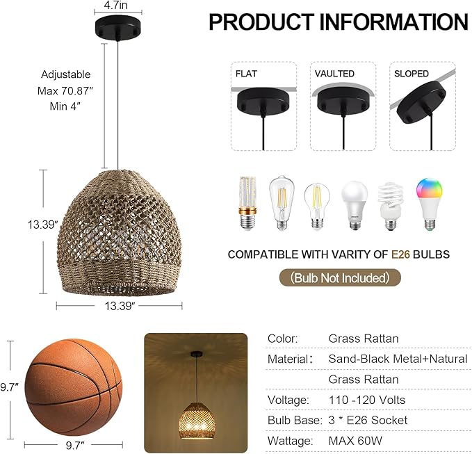 13.39" Rattan Pendant Light,Boho Hand Woven Wicker Hanging Light Natural Grass Rattan Chandelier for Dining Living Bedroom (Sand Black+Rattan)