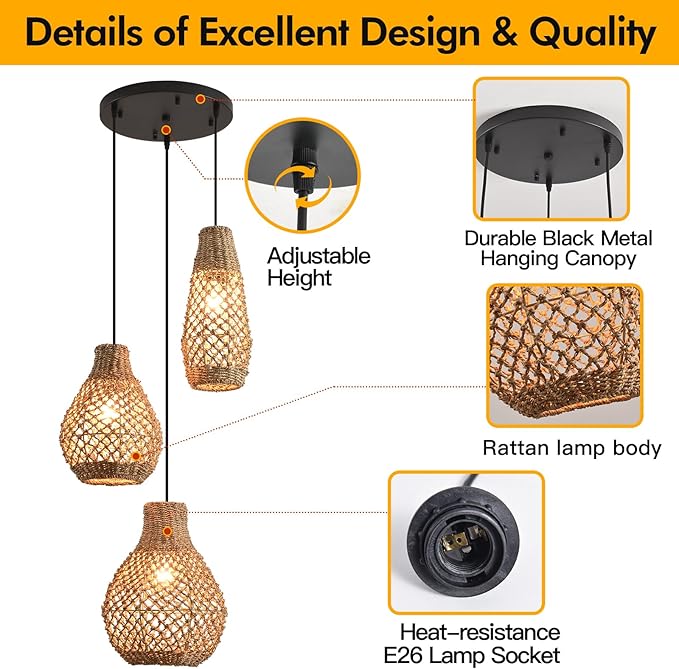 3-Light Rattan Pendant Ligh,Boho Woven Wicker Coastal Ceiling Hanging Farmhouse Chandelier for Kitchen Island Living Room Dining Room