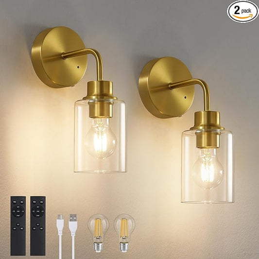 Epinl Battery Operated Wall Sconce Set of Two - Dimmable Wireless Sconces Set of 2 with Remote Control, Cordless Rechargeable Gold Wall Lights 3000K Modern Wall Lamp for Bathroom Bedroom Living Room