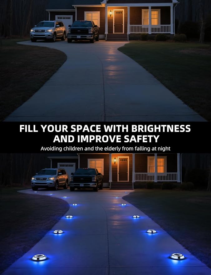 VOLISUN Solar Driveway & Deck Lights 12 Pack Waterproof Dock & Marine Ground Lights,2-in-1 Blue & White LED,Solar Marker for Pathways,Steps,and Warning Signs,Auto On/Off