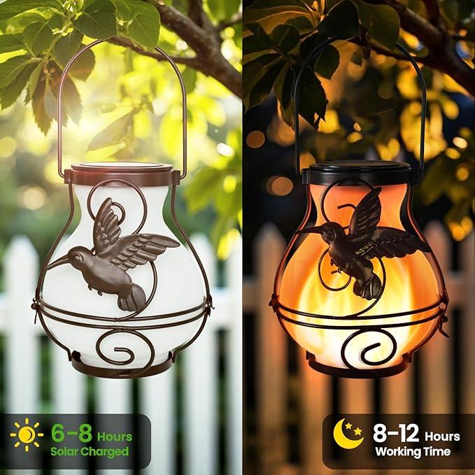 4 Pack Solar Lanterns Outdoor Waterproof Flickering Flame Lights Hummingbird Metal Hanging Solar Lantern Patio Porch Garden Decoration