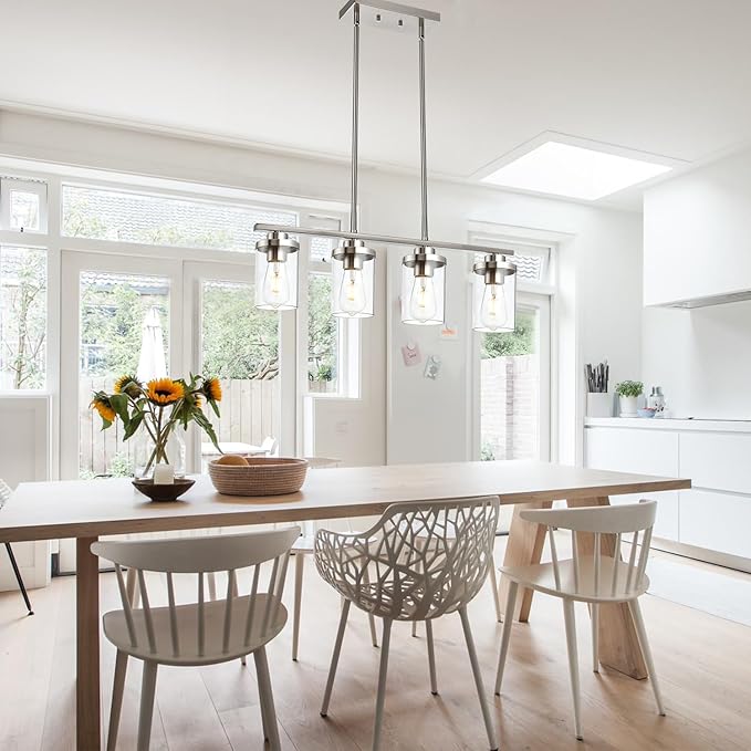 4-Light Dining Room Light Fixtures, Modern Kitchen Island Pendant Lighting Brushed Nickel Flush Mount Ceiling Hanging Lighting with Glass Shade Pendant Lights for Living Room Bedroom Hallway