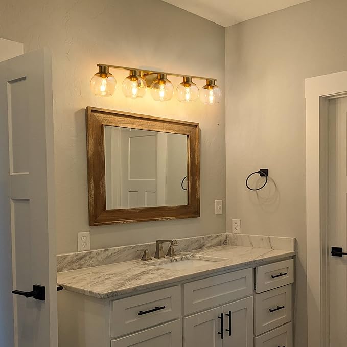 PAZALA Brushed Brass Bathroom Light Fixtures Over Mirror 5-Lights Vanity Light Wall Sconce with Globe Glass Shade E26 Base Perfect for Hallway Picture Wall Lighting Bathroom Bedroom Mirror Living Room