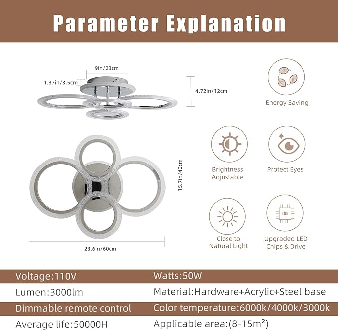 Modern Ceiling Light,50W Flush Mount Ceiling Lights,Dimmable lampara de techo para sala,4 Rings Lighting Fixture Ceiling Lamps for Living Room, Bedroom,Kitchen,Laundry Room,3000-6000K,Chrome