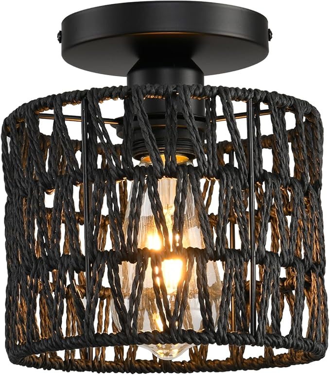 Ceiling Light Fixture,Hand-Woven Rattan Flush Mount Ceiling Light,Farmhouse Light Fixtures Ceiling Mount Boho for Hallway Bedroom Kitchen Entryway Living Room