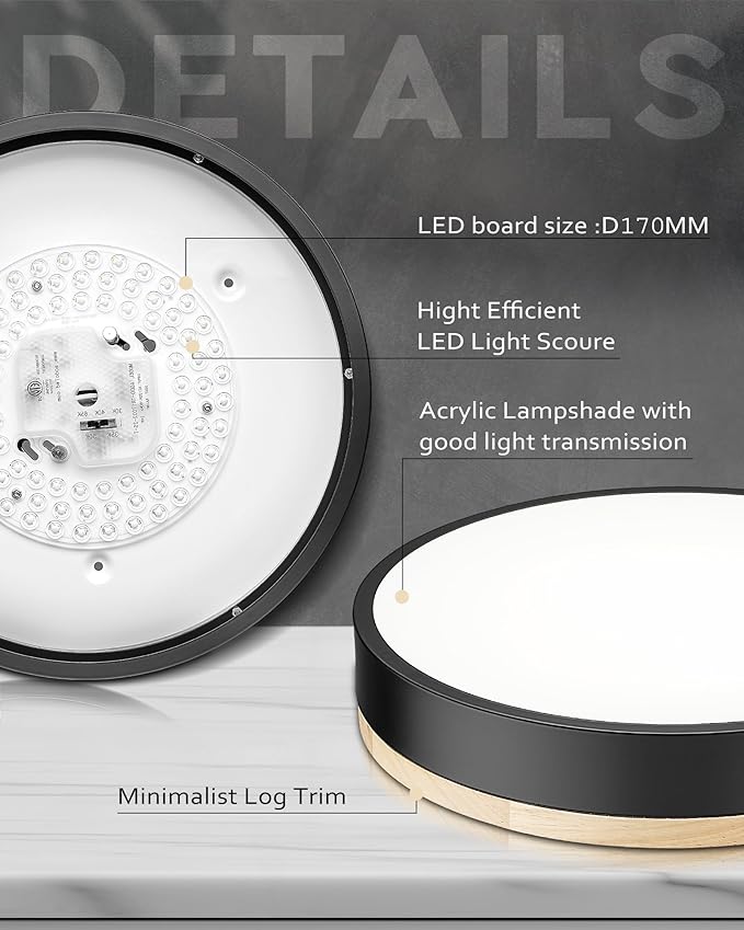 Ken & Ricky Flush Mount Ceiling Light, Dimmable Led Close to Ceiling Light Fixtures for Kitchen Bathroom Bedroom Hallway 5cct (Light Wood, 12 Inch)