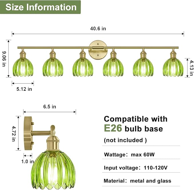 Vintage Bathroom Light Fixtures,6-Light Hardwired Vanity Lights with Green Tulip Glass Shade,Gold Bathroom Vanity Light for Mirror Restroom,E26 Socket,40.55 in(Bulbs Not Included)
