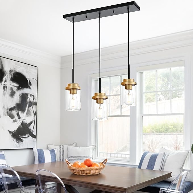 MELUCEE 20.5 Inches Dining Room Light Fixture Hanging 3-Lights Kitchen Pendant Light Fixture Over Island Black Ceiling Hanging Lamp with Clear Glass Shade, Gold Socket