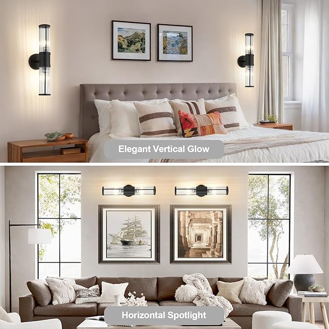 Wall Sconces Set of 2, Farmhouse Vanity Lights Fixtures for Bathroom, 2-Light Modern Bath Wall Mount Lamp with Glass Rods Shade for Hallway, Living Room, Mirror, Kitchen