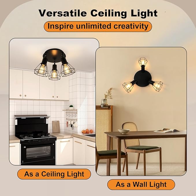 LTBLIGHT 3-Light Track Lighting Fixtures, Rotatable Ceiling Light Kit, Black Metal Wire Cage Lighting Fixtures with Round Plate Spotlights for Kitchen, Bedroom, Hallway, E26 Base, Bulbs Not Included