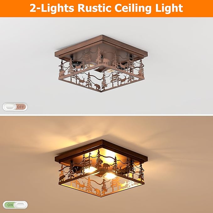 2 Pack 11" Rustic Farmhouse Flush Mount Ceiling Light, 2-Light Metal Fixture with Deer & Bear Design, Square Vintage Industrial Metal Cage Light Perfect for Kitchen, Foyer, Bedroom