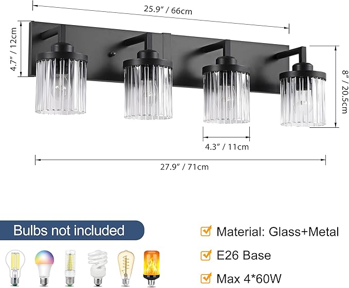 Modern Crystal Bathroom Light Fixtures, 4 Light Black Farmhouse Vanity Lights, with Crystal Glass Shade, Industrial Bathroom Lighting Fixtures Over Mirror Wall Light for Bedroom Living Room