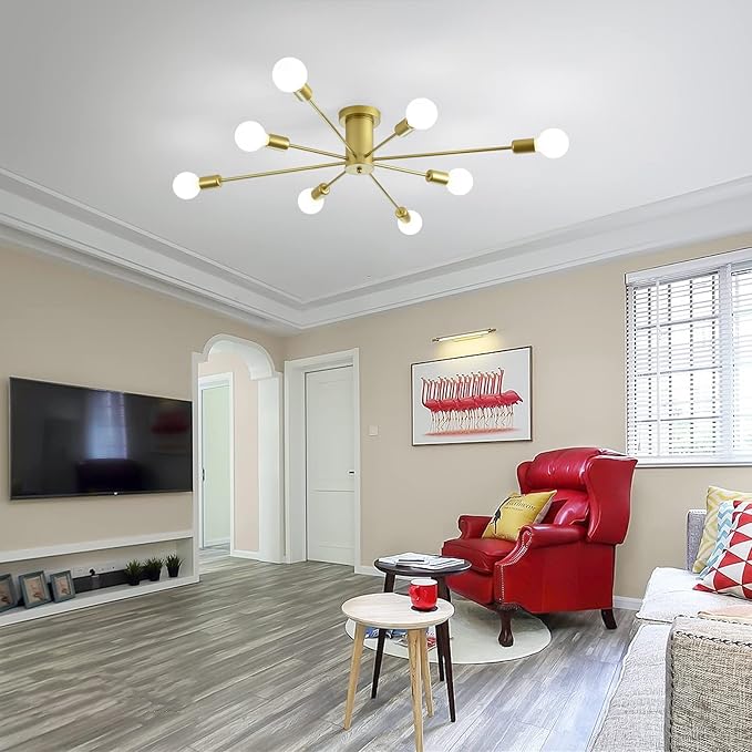 Garwarm 8-Light Sputnik Ceiling Light Modern Semi Flush Mount Ceiling Light Mid Century Gold Chandelier Pendant Lighting for Kitchen Dining Room Bedroom