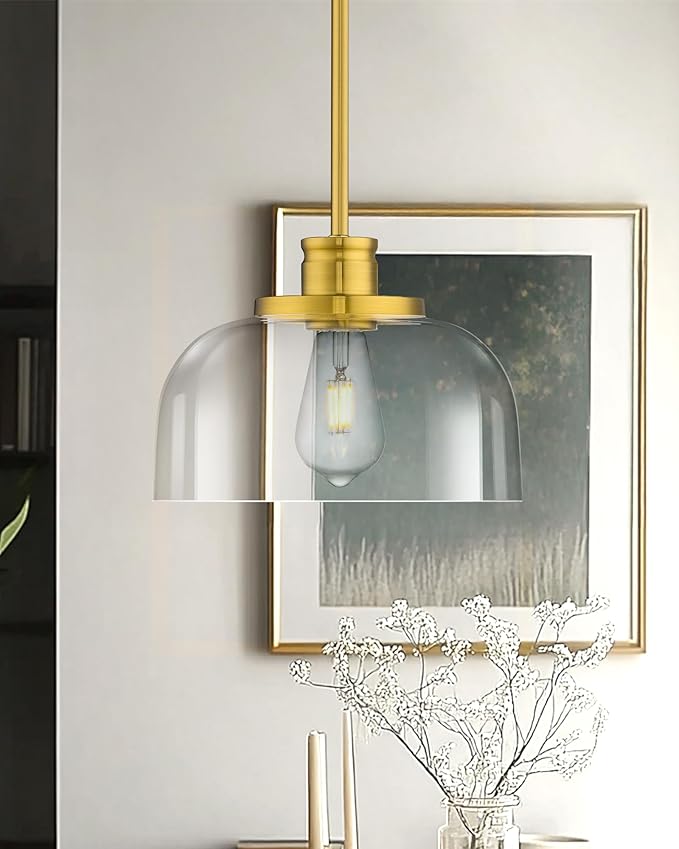 Emak 10 Inch Pendant Lights Kitchen Island, Brushed Gold Pendant Light Fixtures with Clear Glass Shade, Modern Island Lights for Kitchen, Dining Room, Bathroom, PL131-BGD-CG