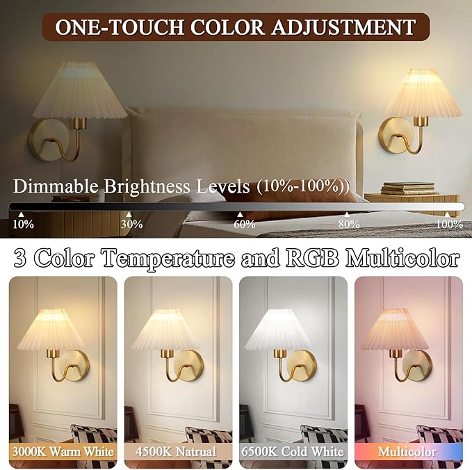 ADISUN Wall Sconces Sets of 2 RGB Battery Operated Wall Sconces for Bedroom Dresser Classic Golden Wall Lamp with Remote for Living Room Bathroom Dining Room Corridor Staircase (2 Bulbs Included)