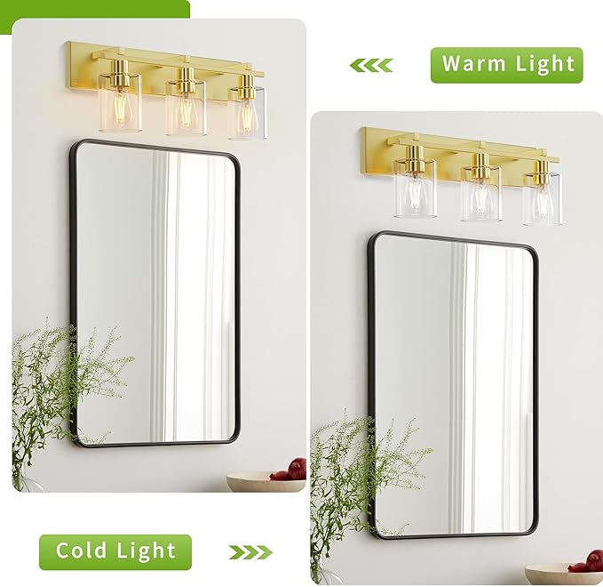 Espird Bathroom Vanity Light, 3 Light Gold Light Fixture with Thickened Clear Glass Shade, 21 inch Modern Wall Sconce,Vanity Light Over Mirror for Bathroom