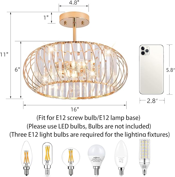 16 Inch Semi Flush Mount Crystal Ceiling Light, 3-Light Metal Cage Hallway Ceiling Lamps, Farmhouse Ceiling Light Fixture, Industrial Crystal Chandelier for Corridor Bathroom Kitchen (Gold, 16 Inch)