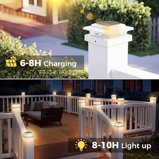 kolpop 4x4 Solar Post Cap Lights Outdoor 4Pack- 3 Color Temperatures&2 Level Brightness, IP65 Waterproof, 16 LED Fence Deck Post Light Solar Powered Only for 4×4/3.5×3.5 Wood/Vinyl Posts(White)