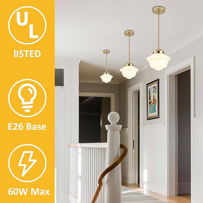 Schoolhouse Pendant Light Set of 3, 8" Brass Gold Pendant Lights with Milk Glass Shade, Farmhouse Ceiling Light Fixtures for Kitchen Dinning Room Living Room Bedroom Hallway