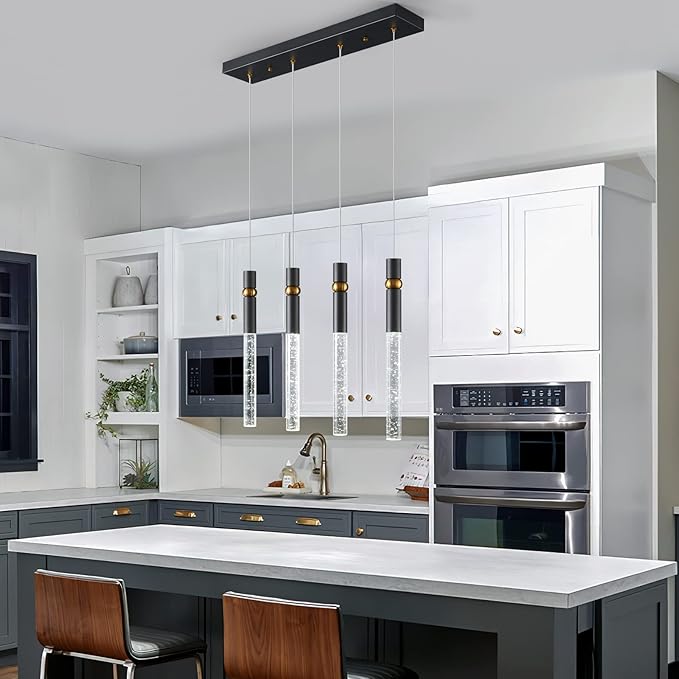 LMQNINE 4 Light Dining Room Light Fixtures Ceiling Dimmable LED Modern Black Kitchen Island Pendant Light with Bubble Crystal Pendant Light for Kitchen Island Bedroom Hallway Entryway (4-Light)…