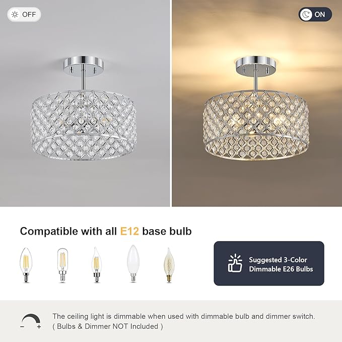 Chrome Crystal Ceiling Light Fixture,Modern Semi Flush Mount Ceiling Lighting Fixture,Round Small Chandelier for Dining Room, Hallway, Entryway, Kitchen, Bedroom,Foyer,3 Light,12 inch