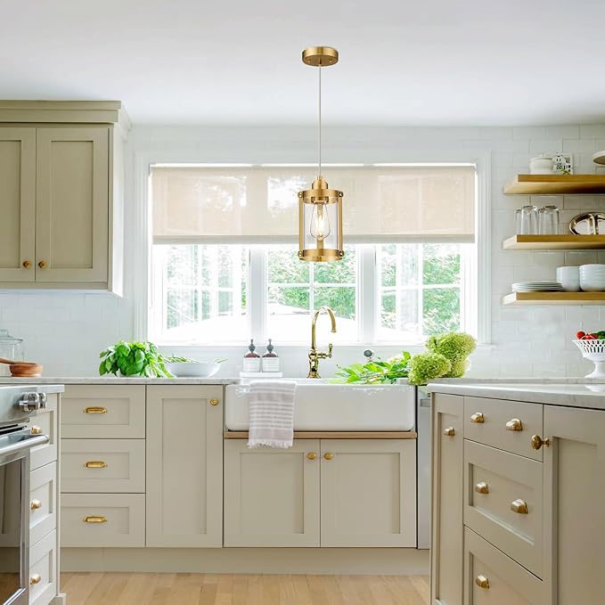 Brushed Gold Pendant Lights Kitchen Island, 1-Light Modern Brass Mini Hanging Light Fixtures with Clear Glass, Farmhouse Kitchen Pendant Lighting Over Island for Sink, OS-3014-1PBG