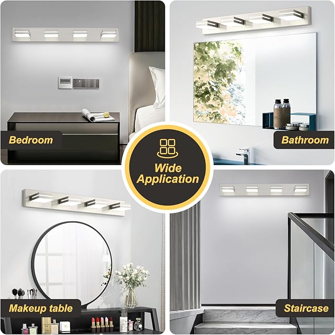 OKELI 4 Light Bathroom Vanity Light Brushed Nickel Modern 32W LED Dimmable Vanity Light Over Mirror 350° Adjustable Lamp Head Cold White 6000K ETL Listed 30Inch
