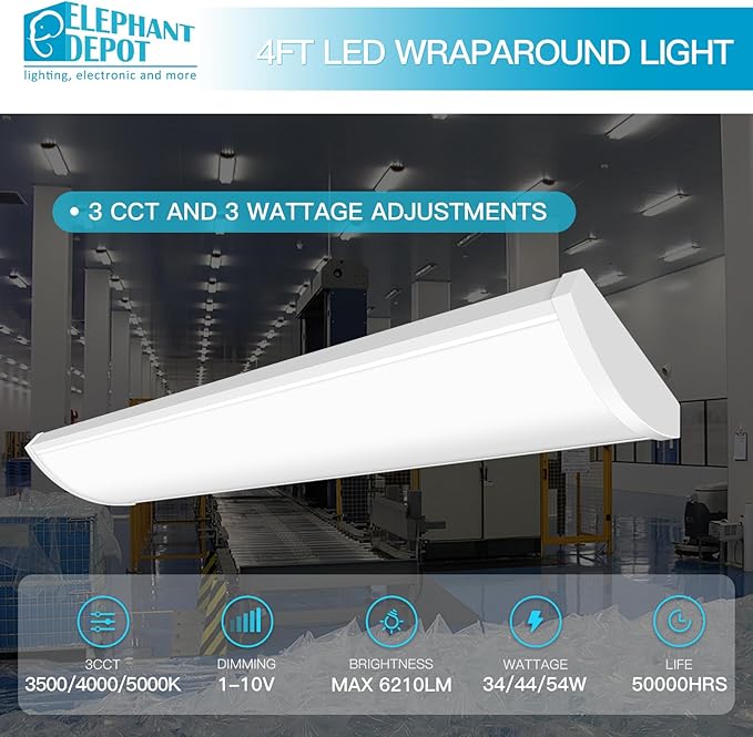 ED 4PK 4FT LED Wraparound Light, 48 inch Led Light Fixture, 54W, 6210LM, 3500/4000/5000K, 120-277V Commercial 4FT Led Light Fixtures for Garage,Laundry Room,Warehouse,Closet,Shop,UL & DLC