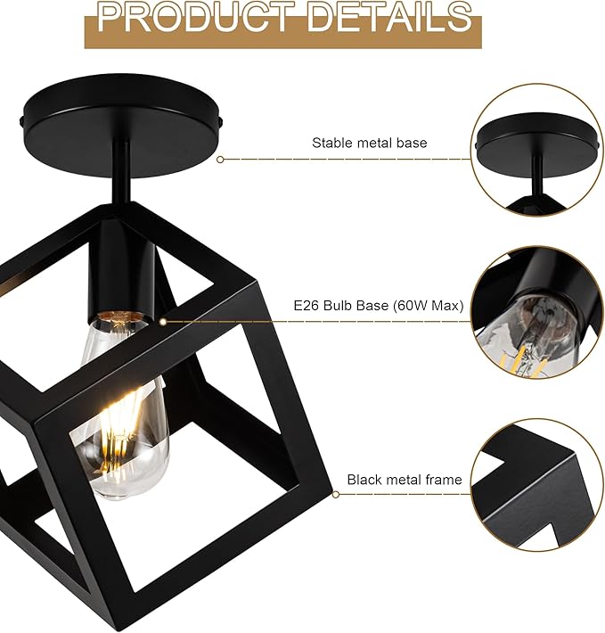 Modern Black Flush Mount Ceiling Light Fixture, Metal Frame Light Fixture,Farmhouse Light Fixture for Entryway Porch Hallway Stairway Garage Living Room Dining Room Balcony