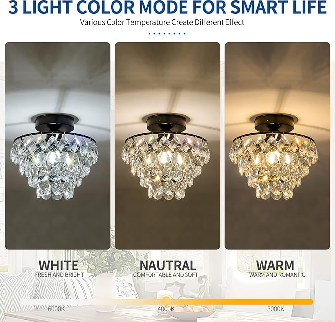 CM MZY Modern Small Crystal Ceiling Light Fixture, Matt Black Semi Flush Mount Ceiling Light Fixture, Mini Crystal Chandeliers for Hallway Bedroom Bathroom Closet Bedroom Foyer