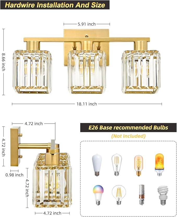 OKELI 3-Light Bathroom Light Fixtures, Modern Gold Crystal Wall Light for Bathroom,Lighting Fixtures Over Mirror