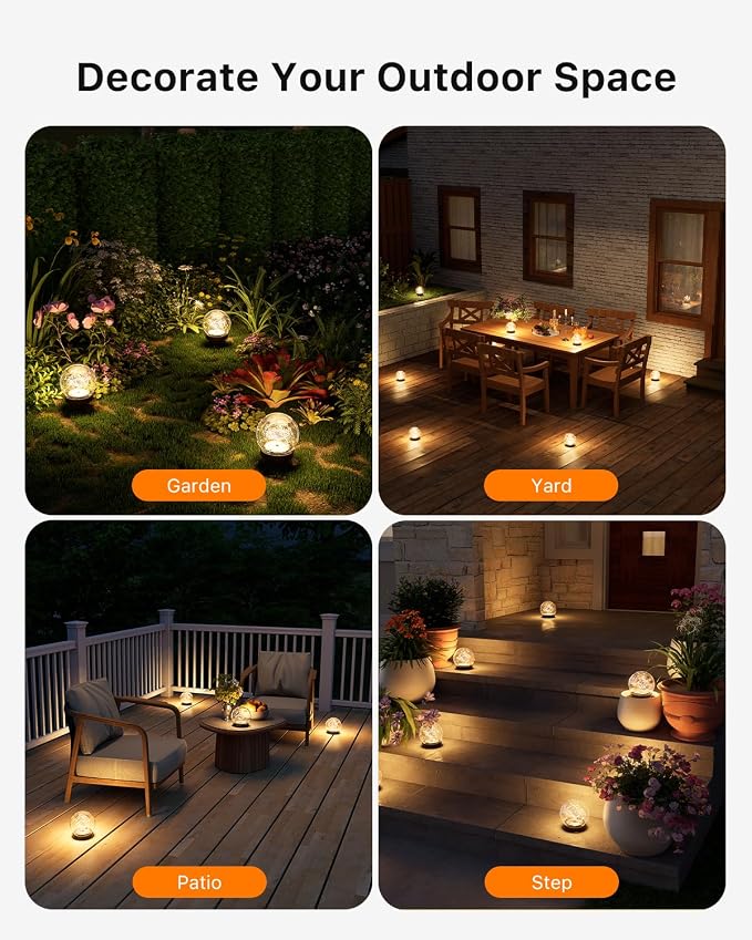 8 Pack Solar Powered Cracked Glass Globe LED Lights Outdoor Waterproof Decorative Table Ball Lamps for Outside Garden, Patio, Yard, Deck, Pathway, Backyard Decoration Easy to Install (Warm White)