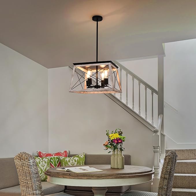 Luupyia Farmhouse Pendant Light Fixture, 4-Lights, Adjustable, Rectangular Rustic Chandeliers Farmhouse Light Fixture Vintage Island Lighting for Dining Room, Entryway and Living Room Beige