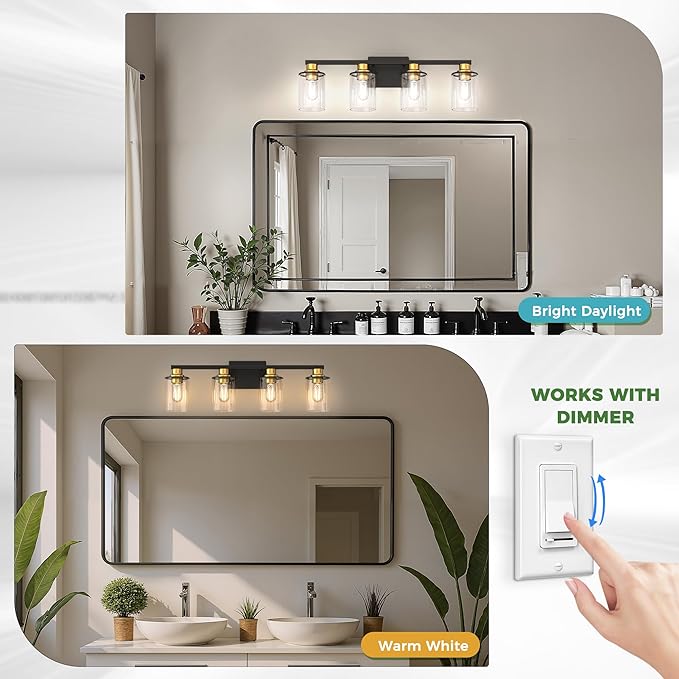 DORESshop Bathroom Light Fixtures, 4-Light Black and Gold Bathroom Vanity Light Over Mirror with Clear Glass Shade, Vanity Lights for Hallway Living Room Bedroom