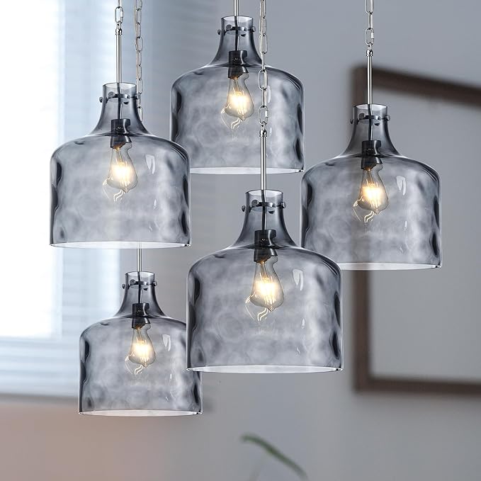 CATINER 16" Extra Large Farmhouse Pendant Light – Hand-Blown Smoked Gray Hammered Glass Shade, Polished Chrome Finish, Adjustable Chain Hanging Light Fixture for Kitchen Island, Dining Room, Hallway