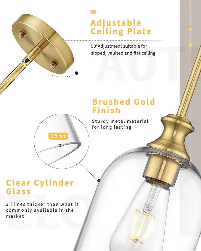 AUTELO 2-Pack Brushed Gold Pendant Lights Kitchen Island, Island Pendant Lights for Kitchen with Clear Cylinder Glass, Glass Pendant Lights with Adjustable Rods, H2511 CLBG 2PK