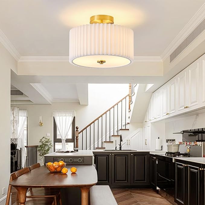 Semi Flush Mount Ceiling Light,12.6"Modern Close to Ceiling Light Fixture With White Fabric Shade,Light Fixtures Ceiling Mount Bedroom Ceiling Light for Bedroom Foyer Kitchen Living Room(Gold)