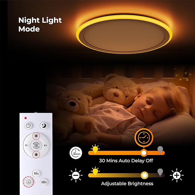 BLNAN 13in LED Flush Mount Ceiling Light Fixture with Remote Control, Dimmable Night Light 2000K, 3000K-6500K 24W Wired Low Profile Light for Bedroom, Kitchen, Living Room, Round White