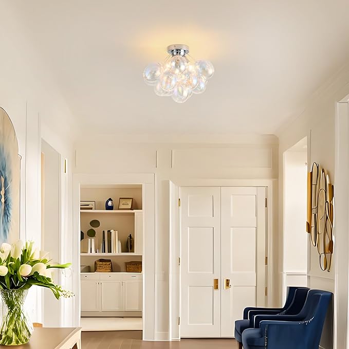 Bubble Light Fixture Flush Mount Ceiling Light Bubble Chandelier 17.7in Blown Glass Semi Flush Mount Chandelier for Bedroom Hallway Entryway Kitchen Foryer Dining Room 1 Pack