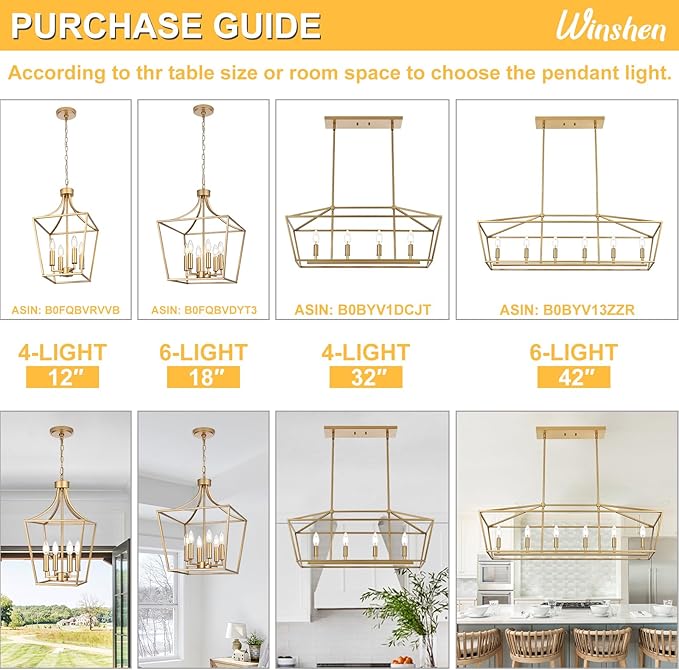 6-Light Kitchen Island Lighting, Gold Linear Chandelier Dining Room Over Table, Rectangle Pendant Light Fixtures Golden Finish for Living Room