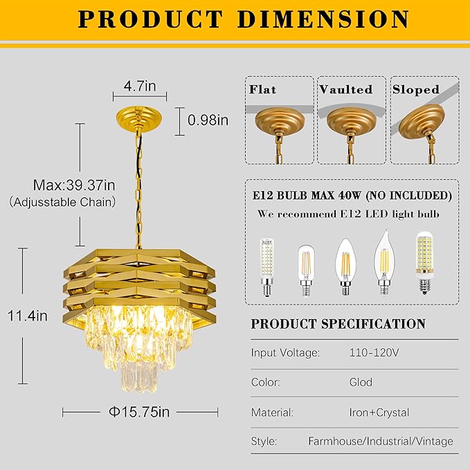 Gold Crystal Chandelier 5-Lights 15.75" Modern Crystal Pendant Light 3-Tier Luxury K9 Hanging Dining Room Lighting Fixtures for Bedroom Living Room Office Hallway Foyer Entryway Kitchen Sink