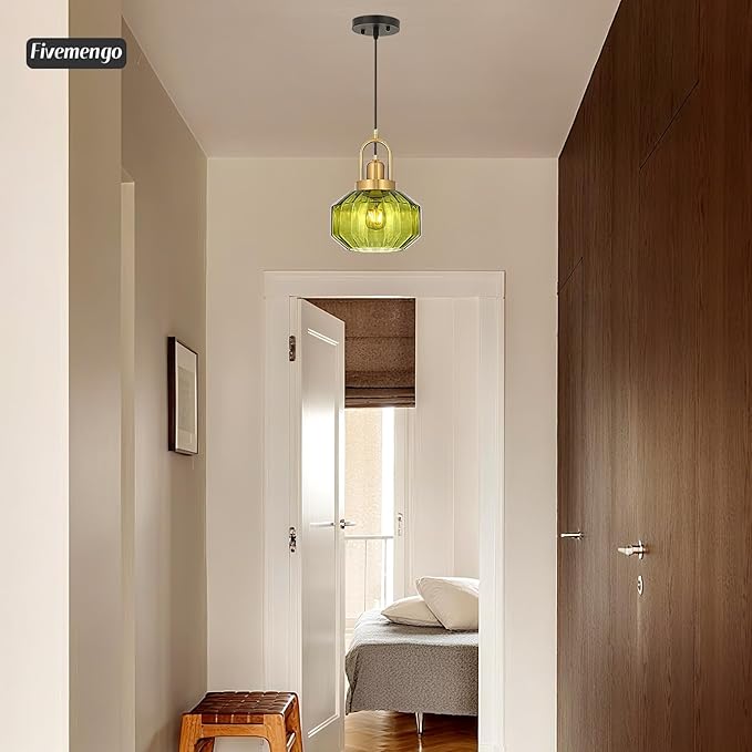 9in Mid Century Modern Green Glass Pendant Light Fixture, Small Gold Kitchen Island Pendants Light Glass Ceiling Hanging Lamp for Foyer Dining Room Bedroom Entryway Hallway Over Sink