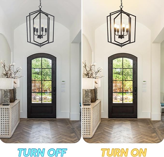 WJShome 18.1" Black Chandelier, 4-Light Farmhouse Dining Room Light Fixture, Industrial Ceilings Foyer Lighting Fixtures, Rustic Lantern Pendant Light, for Kitchen Island, Entryway, Staircase