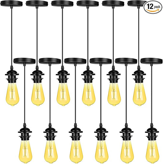 12 Pack Industrial Mini Pendant Light Kit Bulk, UL E26/E27 Lamp Socket 3.28 ft Adjustable Hanging Light Cord Kit Edison Vintage Retro Ceiling Lamp Fixture for Kitchen Bar Decor(Black)