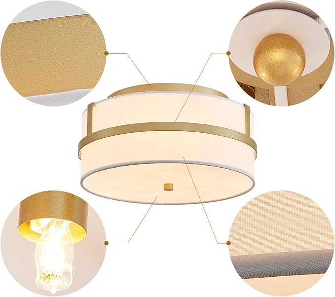 Modern Flushmount Ceiling Light, Chic Style Close to Ceiling Light Fixture for Living Room, Bedroom, Dining Room, Kitchen, D12 x 5.9 in, Drum Shape, White Fabric Lampshade & Gold Finish Frame