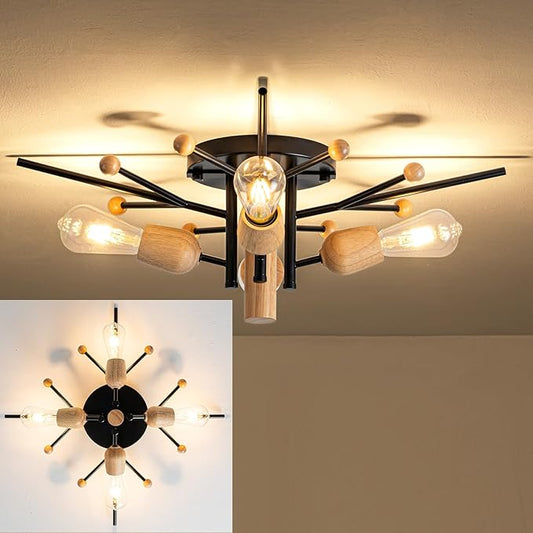 4 Light Sputnik Light Fixture Black Flush Mount Lights Industrial Ceiling Light Wood 25.24" Modern Farmhouse Ceiling Lights for Kitchen Bedroom Bathroom Foyer Hallway(E26)