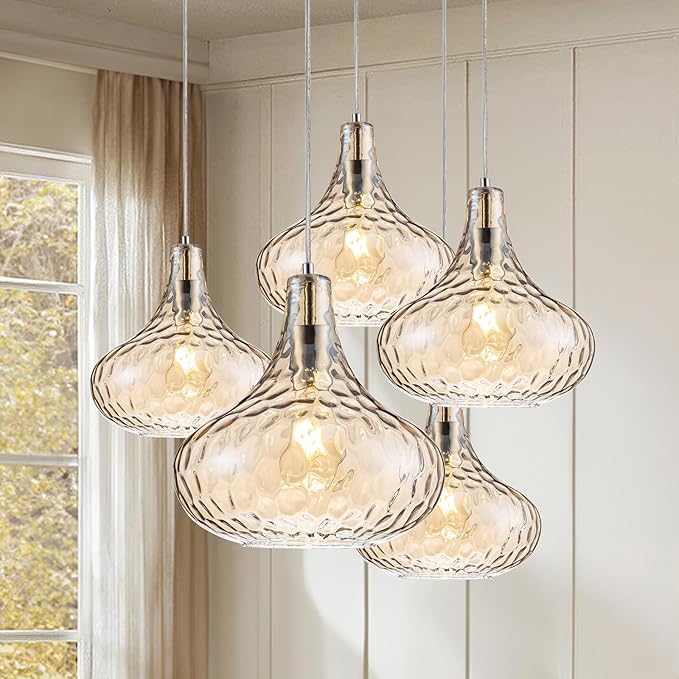 Amber Glass Pendant Light - 11-Inch Hammered Glass Ceiling Light with Brushed Nickel Finish, Adjustable Hanging Cord, Modern Lighting for Kitchen Island, Dining Room, Living Room & Hallway