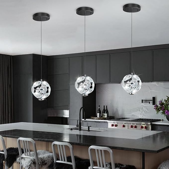 ykolupty Pendant Lights Kitchen Island Crystal Globe Chandelier LED Black Island Light Crystal Pendant Light for Dining Foyer Entrance