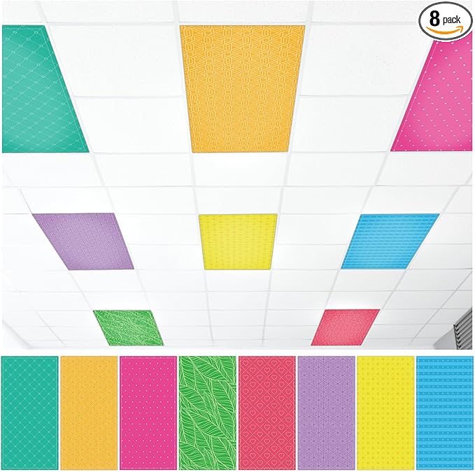 QOUBAI 8 Pcs Fluorescent Light Covers, 4x2 Feet Magnetic Light Cover Fluorescent Lights Shade Panel Positive Inspirational Ceiling Lights Filters for Office Classroom Home Drop Ceiling Plaid