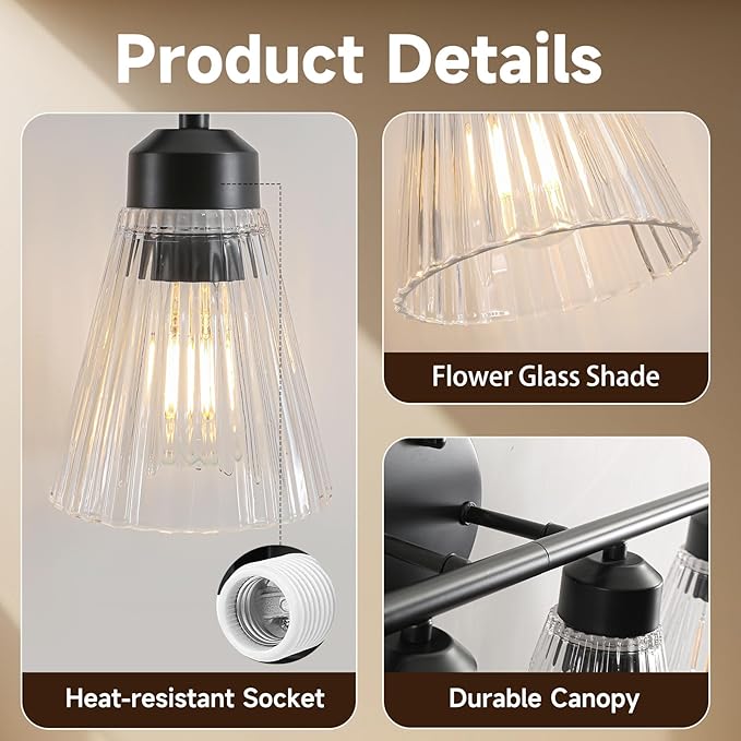 4-Light Bathroom Vanity Light, Matte Black Bathroom Light Fixtures Over Mirror with Stripe Glass, Modern Wall Lamp, Black Wall Sconces for Living Room Bedroom Kitchen Hallway
